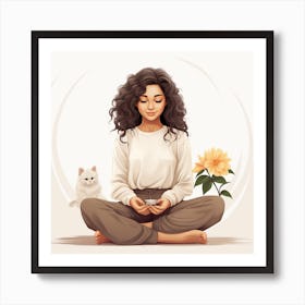 Meditating Girl With Cat Art Print