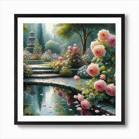 Rose Garden With The Fountain, Acrylic Style Painting 6 Art Print