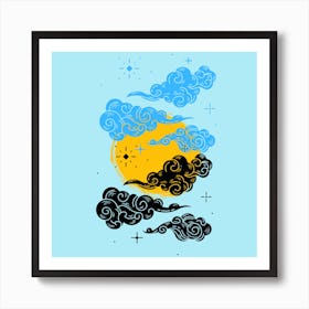 #blue #black & #yello water color #art #sky #clouds #sun #print #wallart #art Art Print