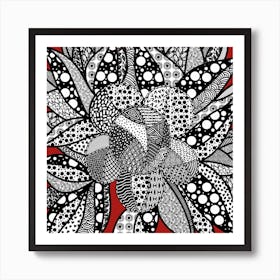 Flower Zentangle - Black and White on Red Background  Art Print
