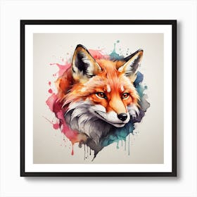 , Watercolor, powerful fox face logo facing forward, monochrome background, by yukisakura, awesome full color, Art Print