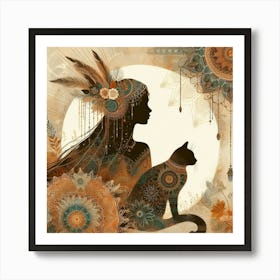 Boho art Silhouette of woman with cat Art Print