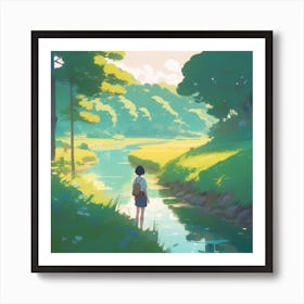 Girl Walking By A River Art Print