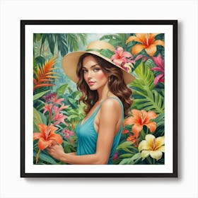 Woman In Tropical Flower Garden Art Print 2 Art Print