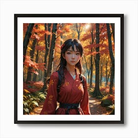 Asian Girl In Autumn Forest Art Print