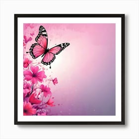 Pink Butterfly And Flowers Art Print