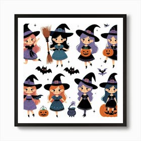 Cute Witches - Vector style Illustration For Halloween Art Print