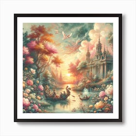 A wonderful painting of a castle with the sea and sailboats next to it 9 Art Print