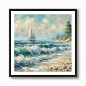 Sailboat On The Beach, Acrylic Painting Style 11 Art Print