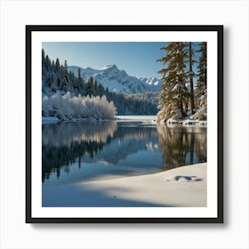 A Serene Winter Landscape With Snow Covered Trees, Frozen Lakes, And A Clear Blue Sky 2 Art Print