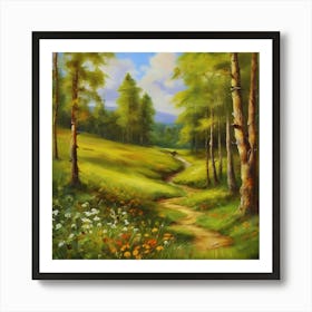 Path In The Woods.Canada's forests. Dirt path. Spring flowers. Forest trees. Artwork. Oil on canvas. Art Print