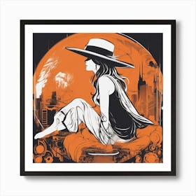 A Silhouette Of A Circle Wearing A Black Hat And Laying On Her Back On A Orange Screen, In The Style Art Print