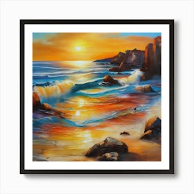 Artwork, oil colors, sea and sunset, seashore, beach rocks.San Francisco, USA.11 Art Print