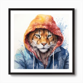 Watercolour Cartoon Cougar In A Hoodie Art Print