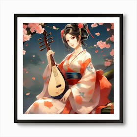 Japanese Geisha with musical instrument 1 Art Print