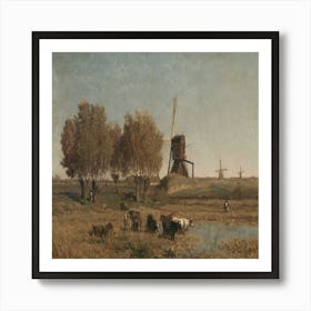 Windmills And Cattle Art Print