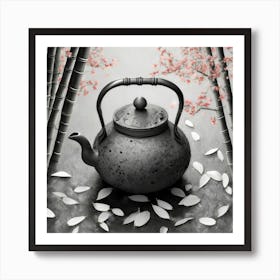 Firefly A Minimalistic Modern Rustic Beautiful Japanese Cast Iron Teapot, Illustration, A Few Sakura (1) Art Print