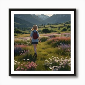 Girl Walking Through A Field Of Flowers Art Print