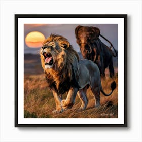 Lion And Elephant Art Print