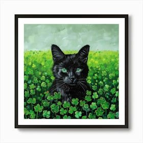 Black Cat In Shamrock Field Art Print