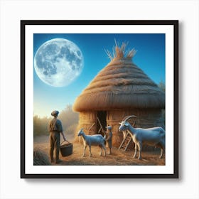 person and two goats are standing in front of a straw hut. The sky is blue, and there is a full moon. Art Print