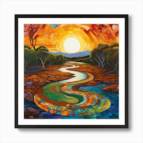 An Ancient Riverbed Stretches Across The Canvas Its Banks A Vibrant Tapestry Of Greens And Browns Art Print