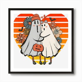 Cute Ghost Couple Under Full Moon For Women Halloween Heart Art Print