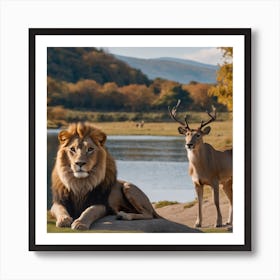 Lion And Deer Sitting At One Place Art Print