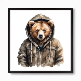 Watercolour Cartoon Grizzly Bear In A Hoodie Art Print