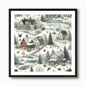 Winter Village And Path Among The Ponds Art Print