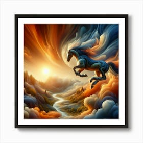 3 Dimensional Horse Jumping A Creek Sunset Clouds Swirling 2 Art Print