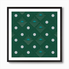 Geometric Pattern With Suns On Dark Green Square Art Print