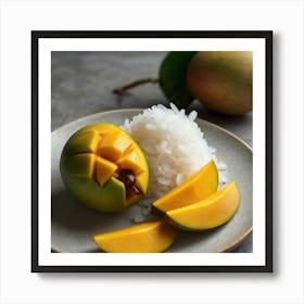 Ripe mango peeled,showing yellow flesh inside.Place on a plate topped with thick coconut milk and soft white glutinous rice. Sprinkle with small crunchy soybeans.Topped with fresh coconut milk. White,thick,sticky and there was smoke aura spred all over a large golden and white aura attacked the white and gray aura. The background is a mango tree. With yellow mangoes, fully ripe, Phu Chao, bright sunlight, 4k resolution. 1 Art Print