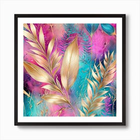 Gold Leaves On A Blue Background Art Print