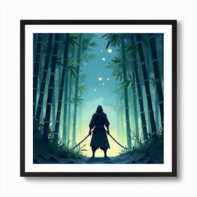 Ninja Warrior Poised In A Bamboo Forest Under The Stars, Watercolor 1 Art Print