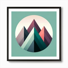 Title: "Harmony in Ascent: Pastel Peaks"  Description: "Harmony in Ascent: Pastel Peaks" captures the essence of a dreamy, surreal mountain vista. Enclosed within a circular vignette, this artwork features a trio of stylized peaks, each facet casting shadows and highlights that suggest different times of day. The color palette is soft and pastel, with hues of teal, rose, and muted burgundy blending seamlessly into each other against the backdrop of a pale sky. The minimalist approach and soothing colors evoke a sense of peace and balance, reminiscent of the calm one feels when gazing at distant horizons. This piece speaks to the beauty of simplicity and the quiet strength of nature, designed to bring a sense of meditative tranquility to any Art Print