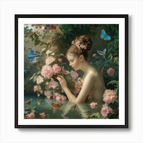 A Serene And Ethereal Scene Unfolds In A Lush Garden. Art Print