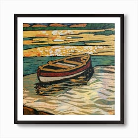 Oil painting of a boat in a body of water, woodcut, inspired by Gustav Baumann 7 Art Print