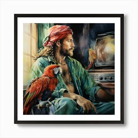 Pirate And Parrot Watching TV Art Print