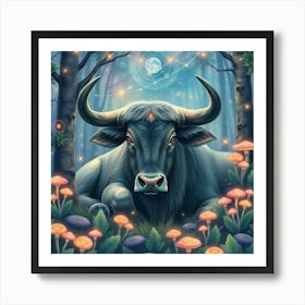 Bull With Mushrooms In The Forest Poster