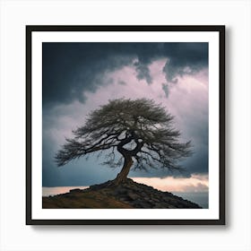 Lone Tree, A Lone Tree Standing Strong On A Cliff Edge Against A Stormy Sky Representing The Courage Poster