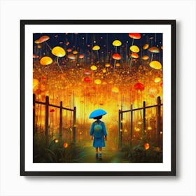 Girl Walking Through A Forest, Based On "Graveyard Of Fireflies", Lighting, Colors Art Print