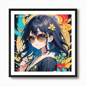 A girl having blue eyes and blue hair, wearing yellow sunglasses and a black kimono. Art Print