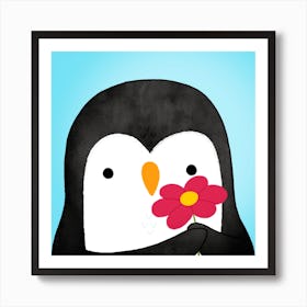 Penguin Offering A Flower Art Print