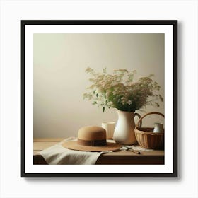 A beautiful still life image of a table with a straw hat, a vase of flowers, a basket, and some other objects on it. The table is covered with a white cloth. The background is a light beige color. The image has a warm and inviting atmosphere. Art Print