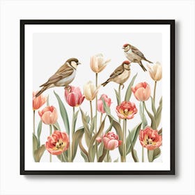 Birds And Tulips Art Print