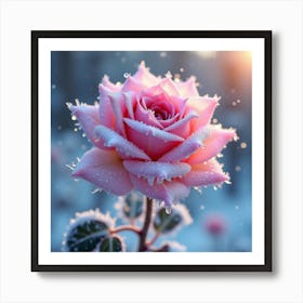 Pink Rose In The Snow Art Print