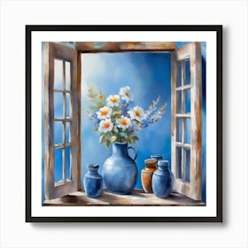 Blue wall. Open window. From inside an old-style room. Silver in the middle. There are several small pottery jars next to the window. There are flowers in the jars Spring oil colors. Wall painting.56 Art Print