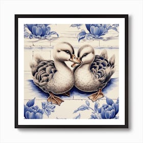 Ducklings Delft Tile Illustration 1 Art Print