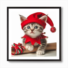 Christmas Kitten In Santa Hat 1 Art Print